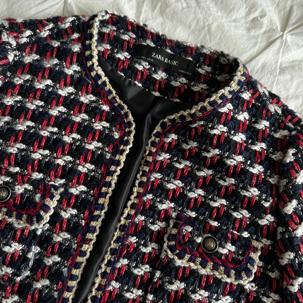 Zara Navy, Red & White Tweed Cropped Blazer - Picture 7 of 8